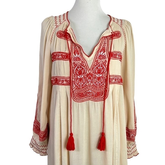 Free People Womens Wind Willow Embroidered Mini Dress Sz Small Cream Red Boho - Picture 5 of 11
